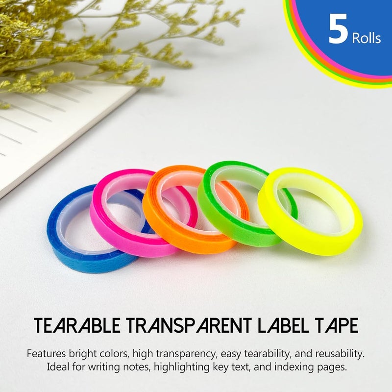 Ceemiaa 5 Rolls Fluorescent Highlighter Tape – Transparent Removable Neon Marking Sticker for Books, Notes & Labels – Writable PET Annotation Strips for Study, Office & Home - Image 2